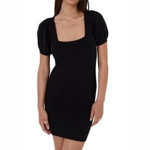 French Connection Black Ribbed Square Neck Puff Short Sleeve Sweater Dress